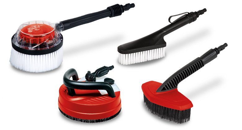 Four different brush attachments for pressure washers, including round and surface brushes.