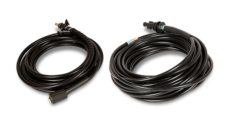 Two black high-pressure hoses rolled up.