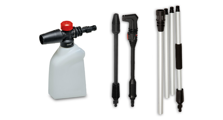 Accessories for pressure washers consisting of a spray bottle, extension lances, and nozzles.