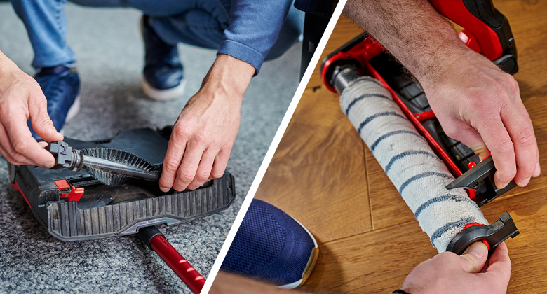Two close-up shots show the replacement of the sweeping roller on the Einhell cordless sweeper and the brush roller on the Einhell hard floor cleaner.