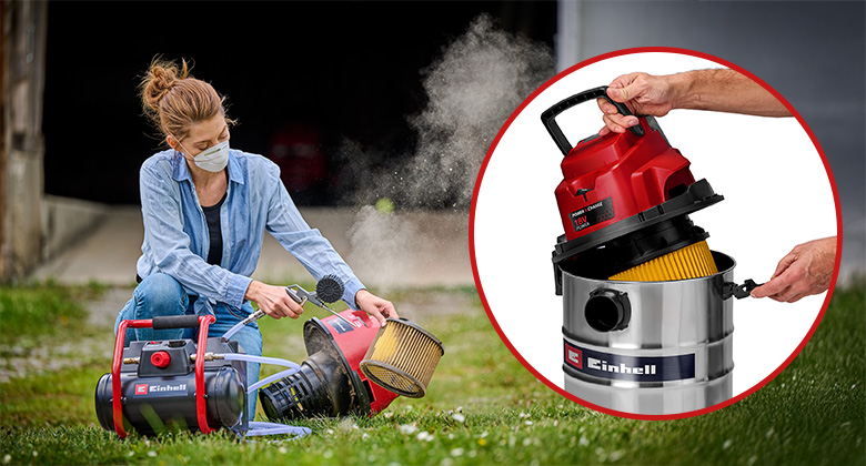A woman cleans the pleated filter of an Einhell wet-dry vacuum cleaner outdoors using compressed air from an Einhell cordless compressor. Next to her, a close-up shows the filter being removed from the vacuum.