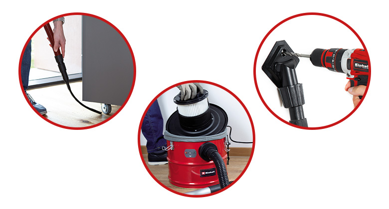 Three circular images: On the left, a crevice nozzle attached to a suction hose; in the center, an open ash vacuum cleaner with a pleated filter; on the right, a drill dust nozzle on a wet-dry vacuum hose being used with a cordless drill.