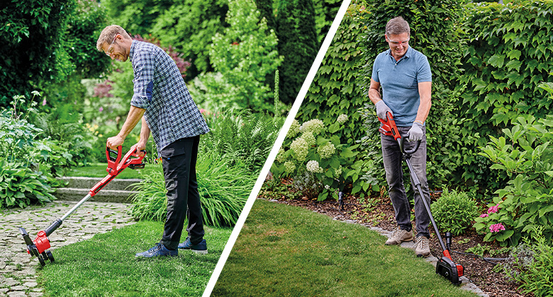 left: a man is cutting lawn edges with a Einhell cordless trimmer | right: a man is cutting lawn edges with a Einhell cordless lawn edge trimmer