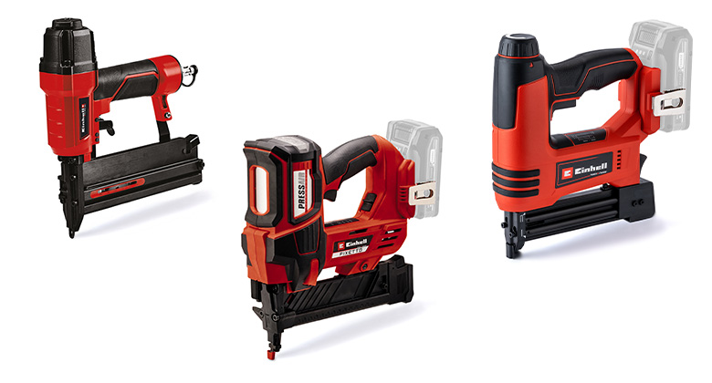 Three red Einhell cordless staplers and nailers in different designs, placed side by side against a white background.