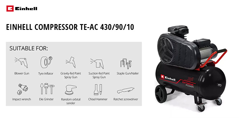 An Einhell compressor TE-AC 430/90/10, suitable for various applications such as blower guns, tire inflators, paint spray guns, impact wrenches, die grinders, random orbital sanders, chisel hammers, and staple or nail guns.