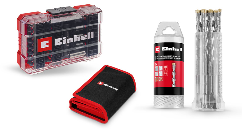 The image shows a screwdriver bit set in a box, a black tool bag, and a drill bit set in plastic packaging.