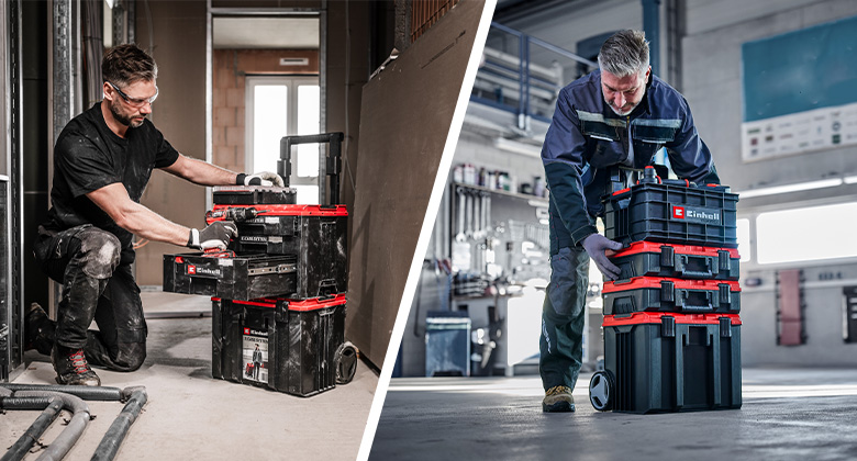 Two men use the Einhell E-Case system on site; both are moving stacked tool cases with wheels.