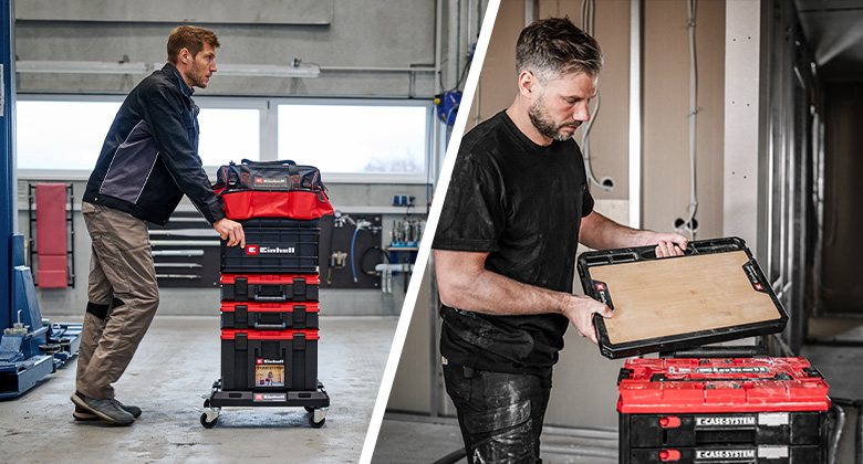 Two men work with the Einhell E-Case system; one pulls a trolley case, the other opens a case with a wooden board.