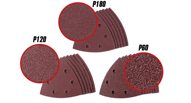Triangular sandpaper sets with grits P60, P120, and P180, each with close-ups of the surface texture.