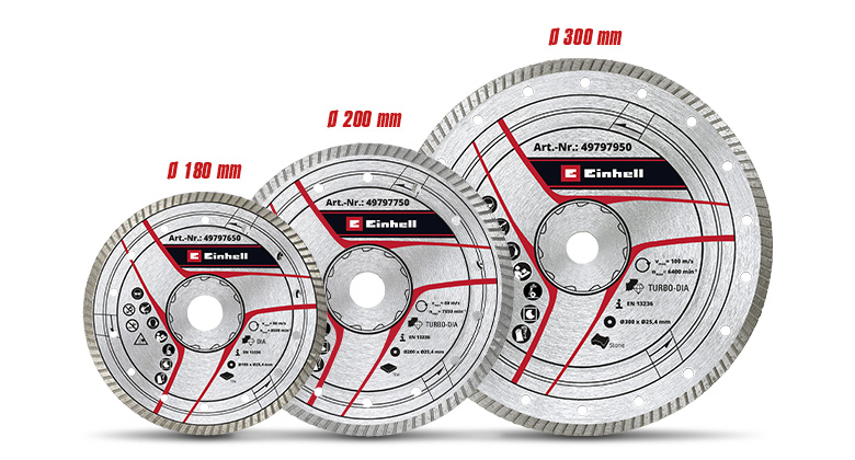 Three diamond cutting discs of different sizes with technical details.