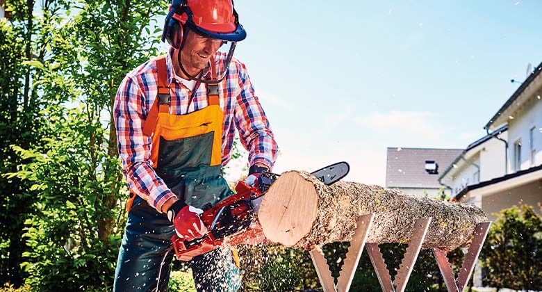 Cutting tree trunk with electric chainsaw side perspective