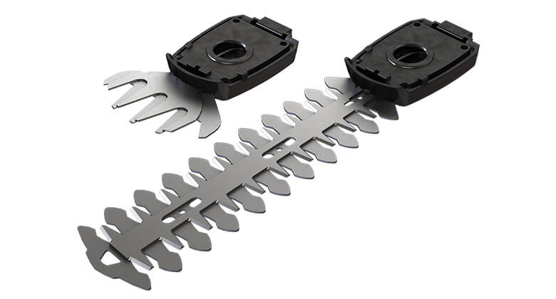 The tool-free replaceable grass cutting blade and shrub shear blade of an Einhell grass and shrub shear.