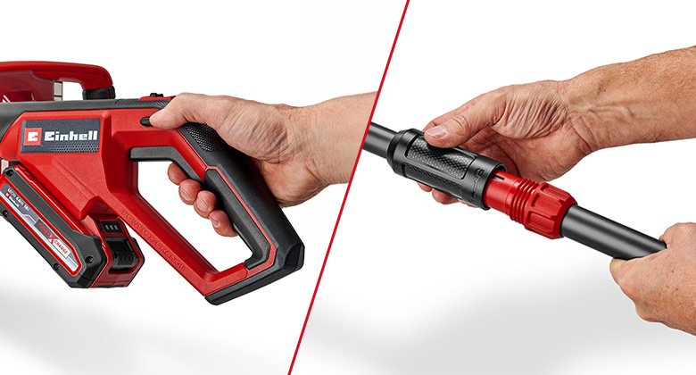 Handle and telescopic shaft of the Einhell cordless patio cleaner with battery and adjustable tube connection.