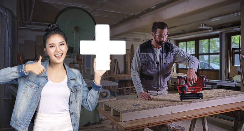 woman with plus in hand and a man in the background tacking